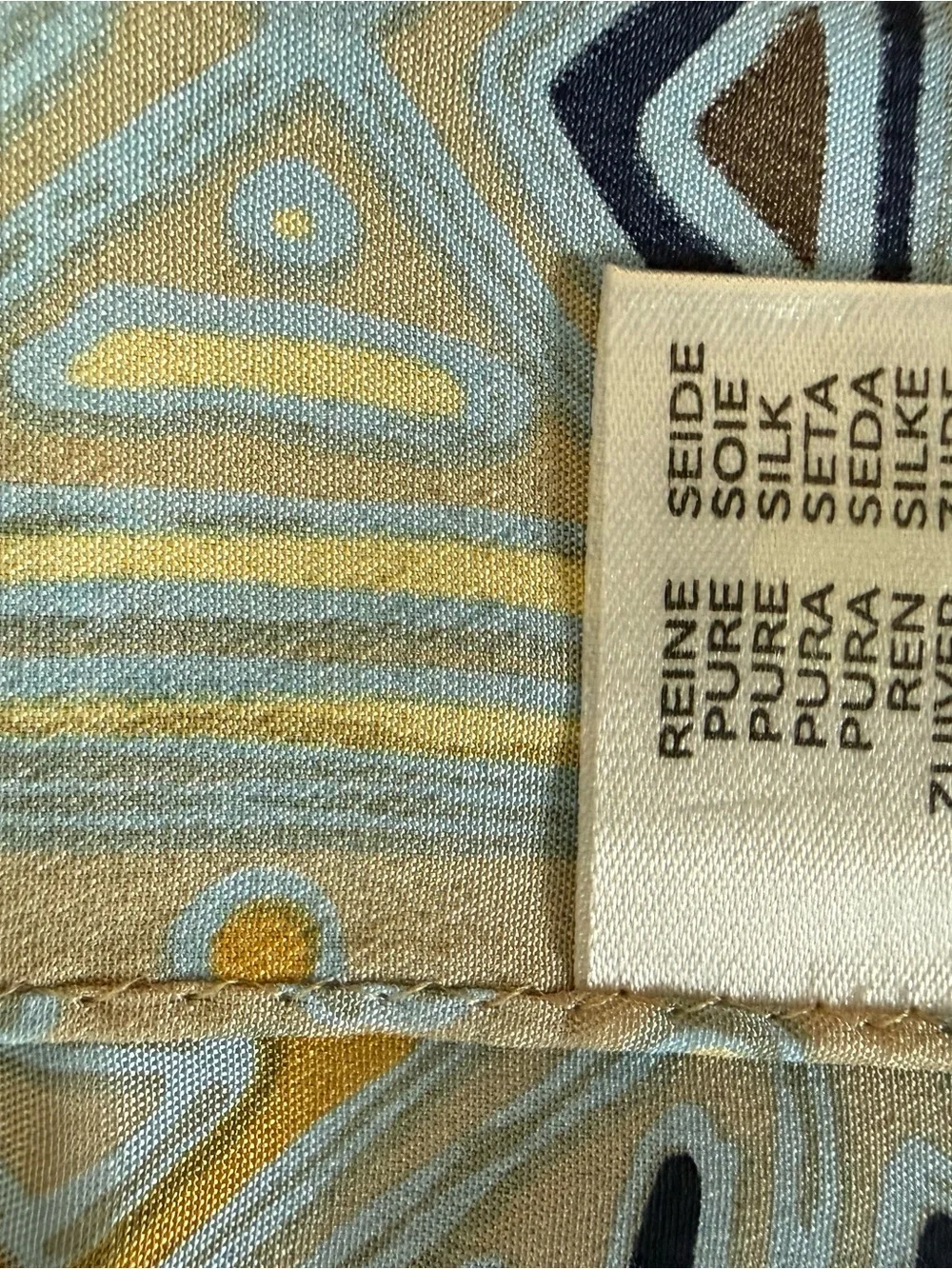 Rene Pure Soie 100% Silk Geometric Oblong Scarf Beige Blue Mustard Abstract